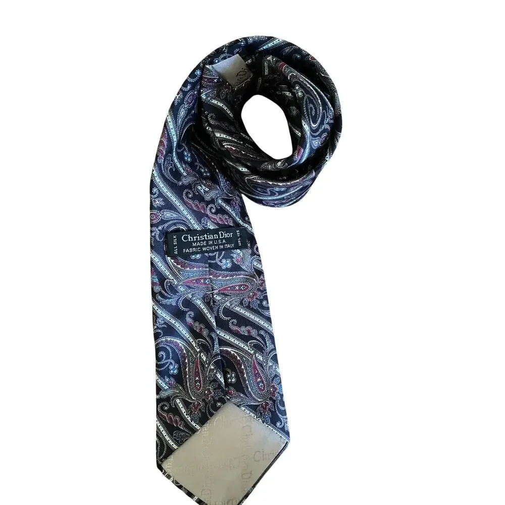 Christian Dior Paisley Silk Neck Tie USA Italy Fabric‎ Burgundy Blue